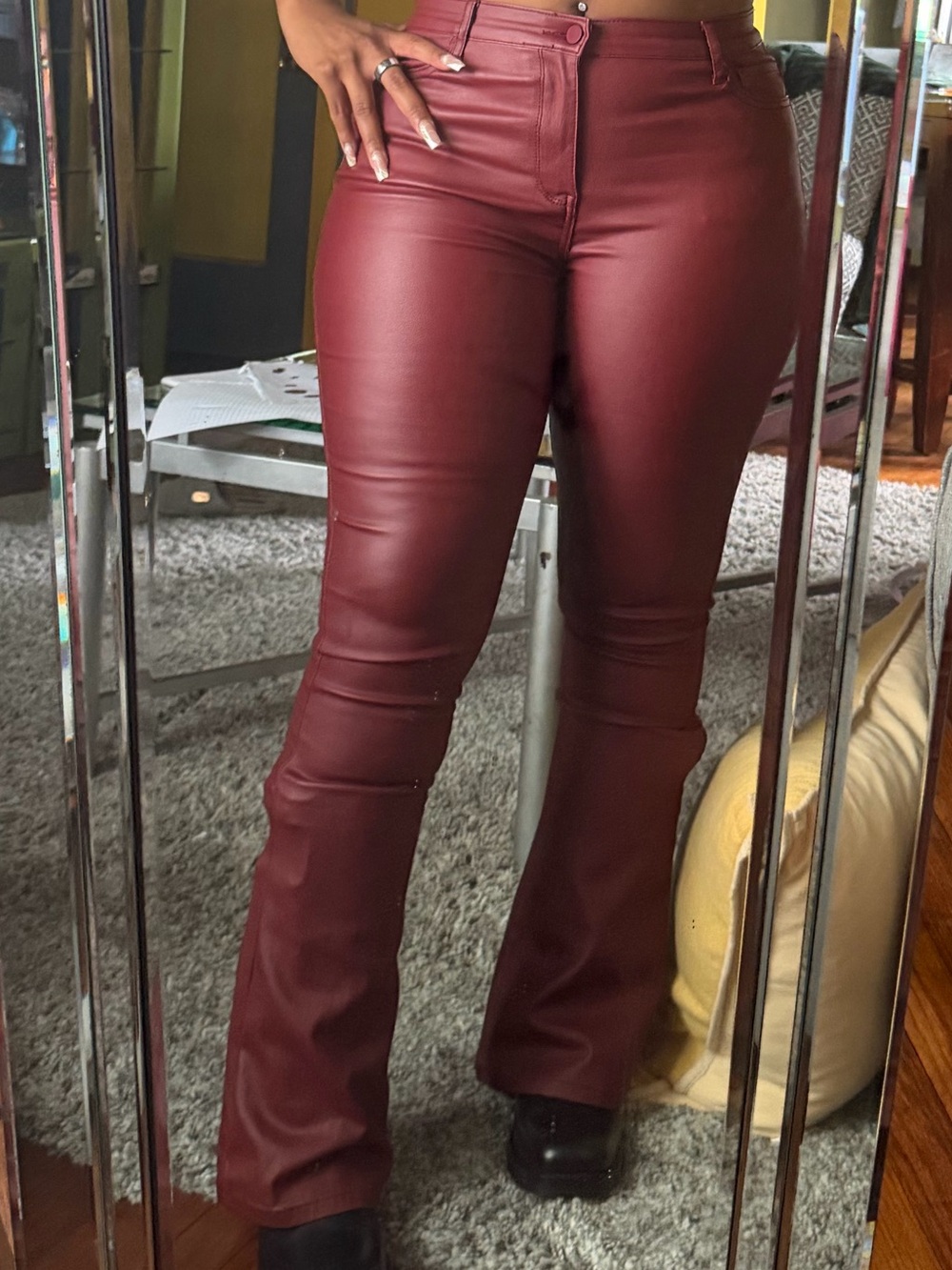 Women’s Faux Leather Flared Jeans — Burgundy